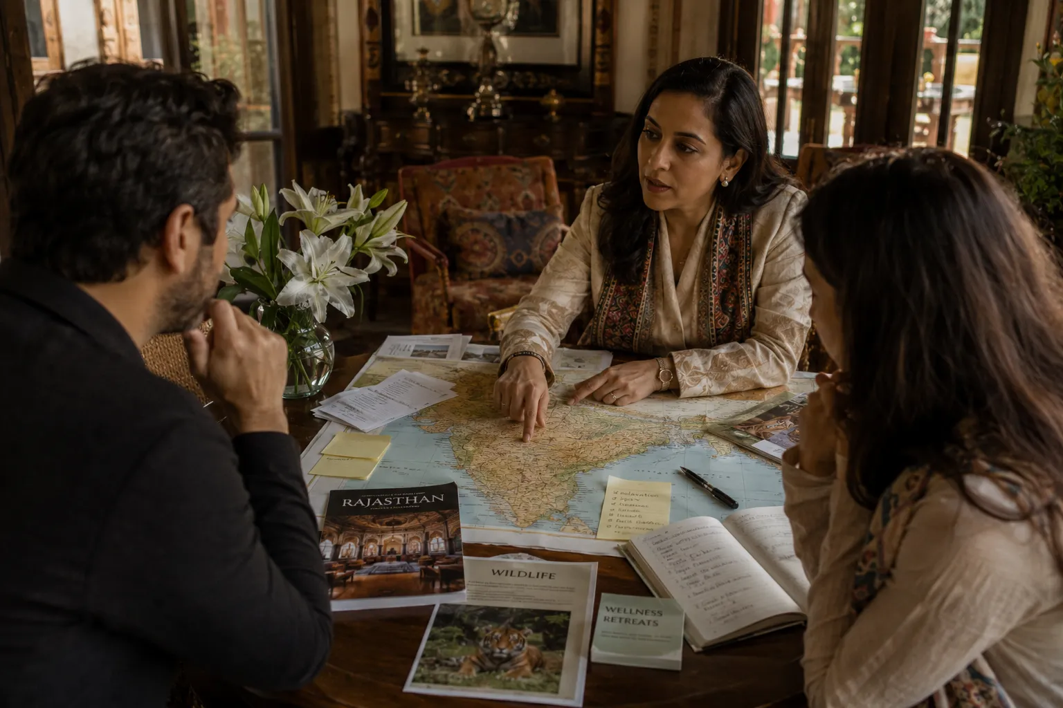 Luxury travel planner detailing custom journey options for travelers