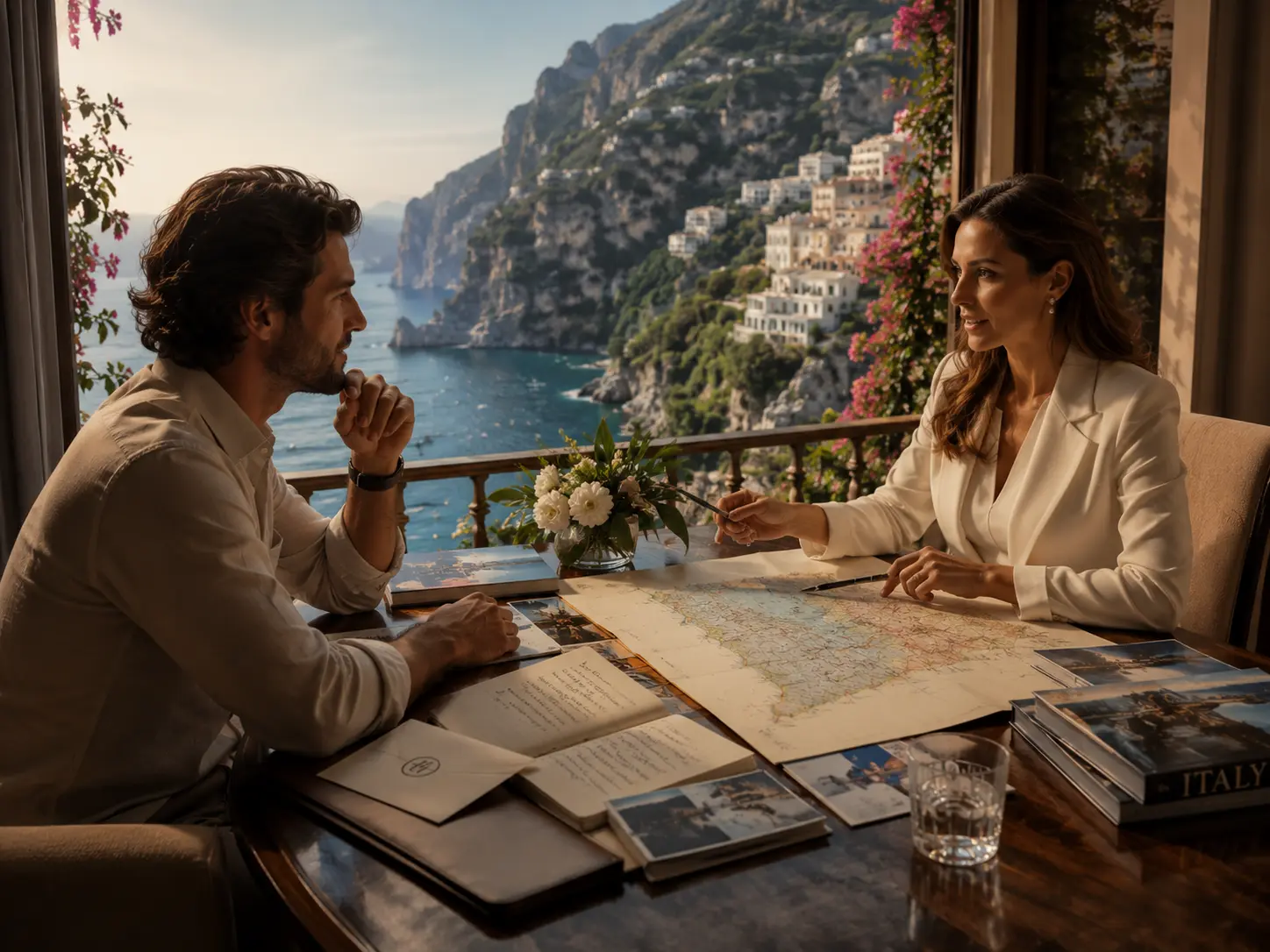 Luxury travel concierge assisting guests with reservations and itinerary changes