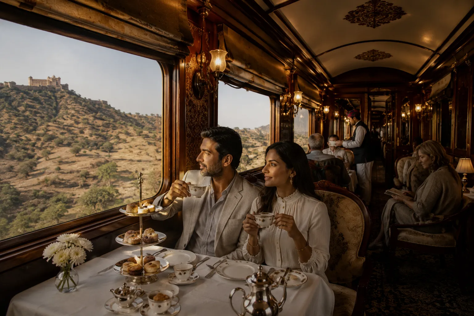 Gourmet dining saloon inside an ultra-luxury train cabin in India