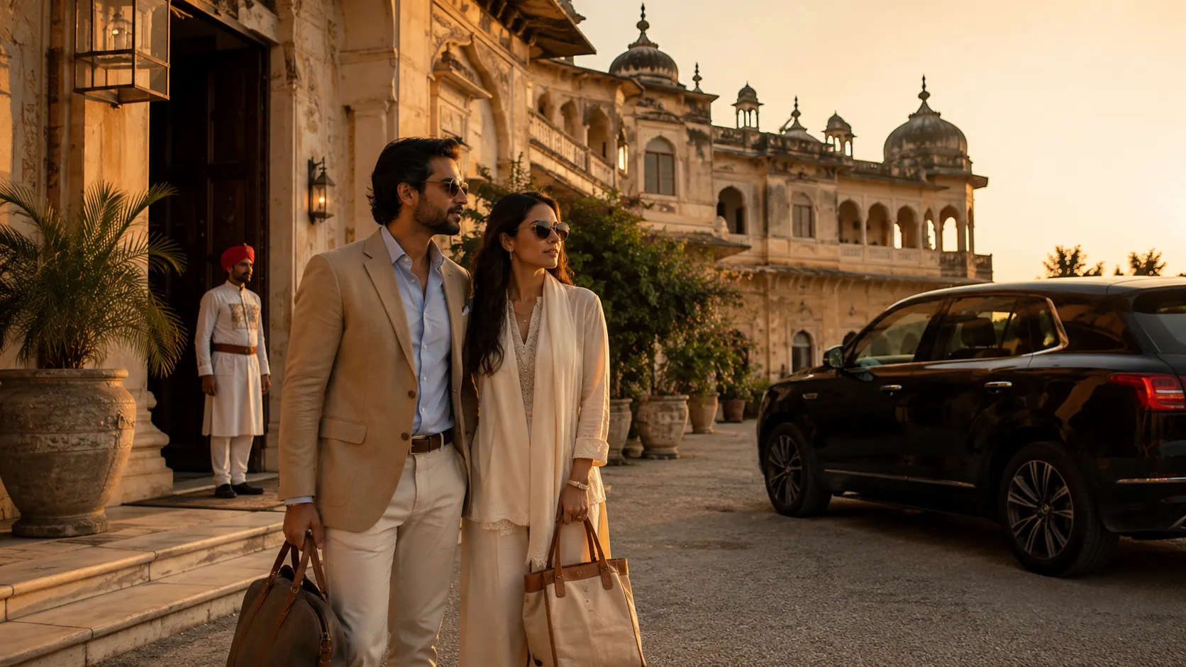 Luxury tour group enjoying a scenic cultural heritage destination in India