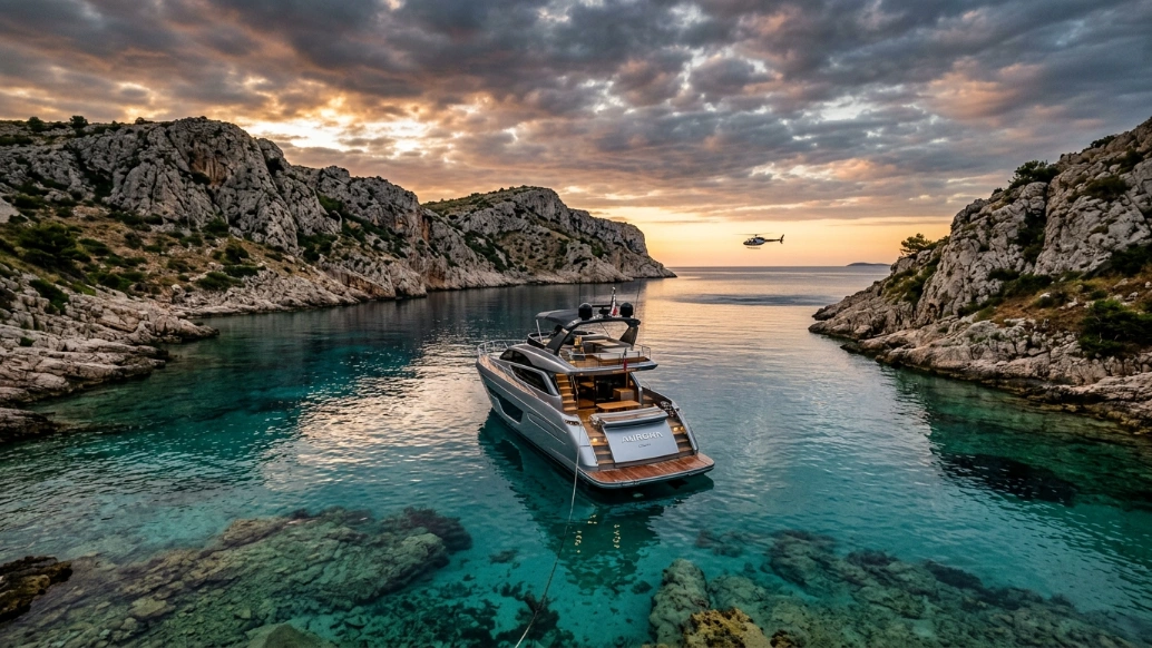 Luxury yacht anchored in Croatia's Dalmatian Coast near secluded islands