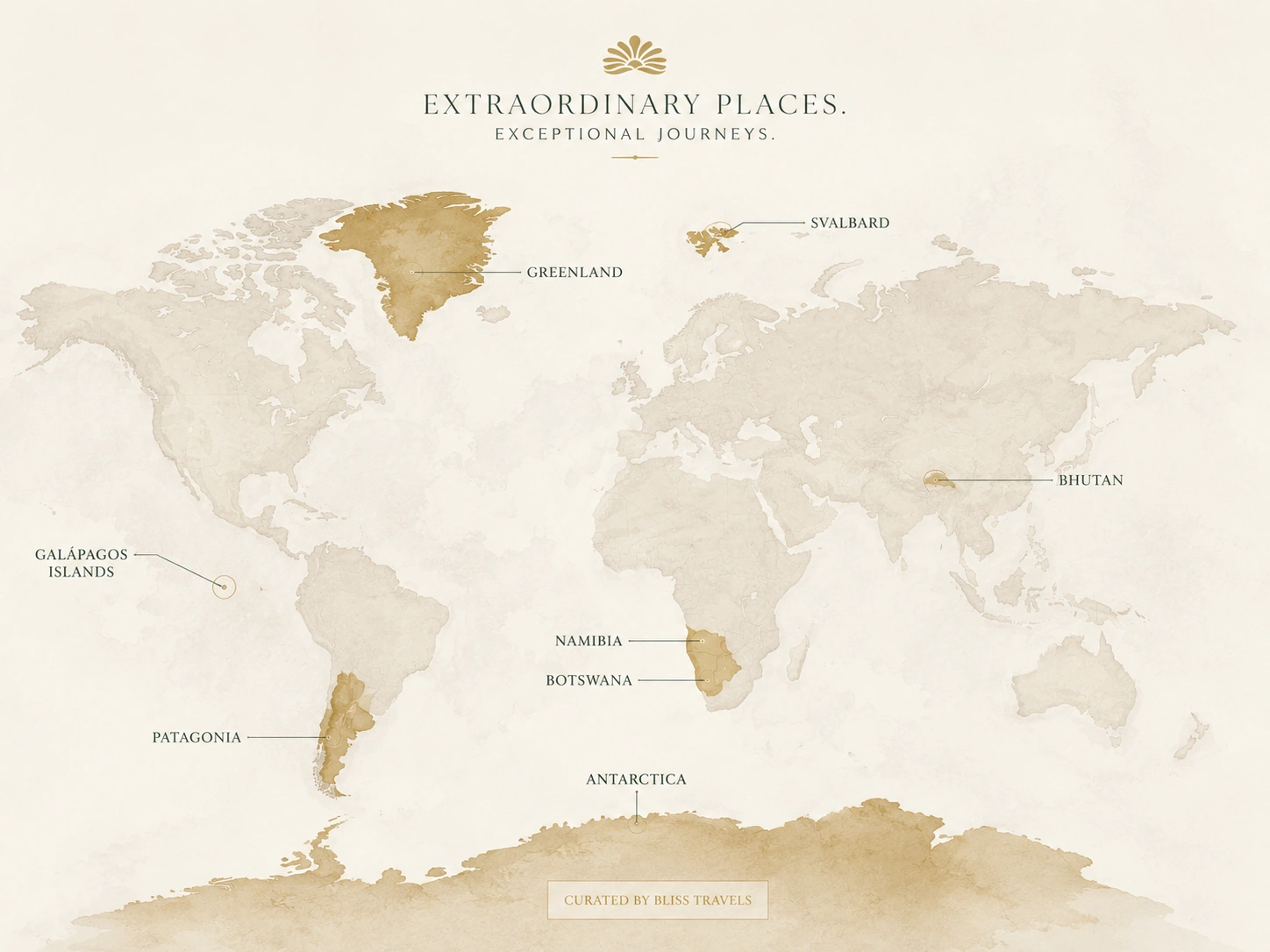 Map highlighting exclusive luxury travel destinations including Namibia, Botswana, Antarctica, Bhutan, Patagonia, Greenland, Svalbard, and the Galápagos Islands.