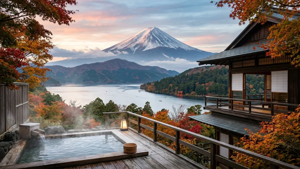 Traditional ryokan in Hakone overlooking Mount Fuji and Lake Ashi with natural hot spring steam, representing Japan's onsen culture.