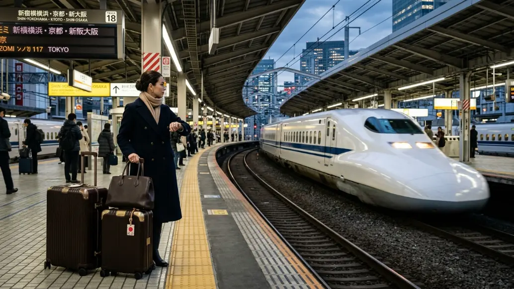Traveller boarding a Shinkansen bullet train for a multi-city Japan itinerary connecting Tokyo, Hakone, Kyoto, Osaka, and Hiroshima.