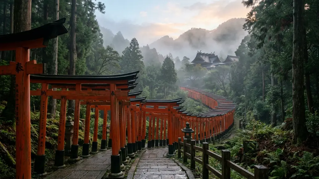 Fushimi Inari Taisha in Kyoto with vermillion torii gates at sunrise, one of Japan's most visited Shinto shrine complexes and a major cultural landmark.