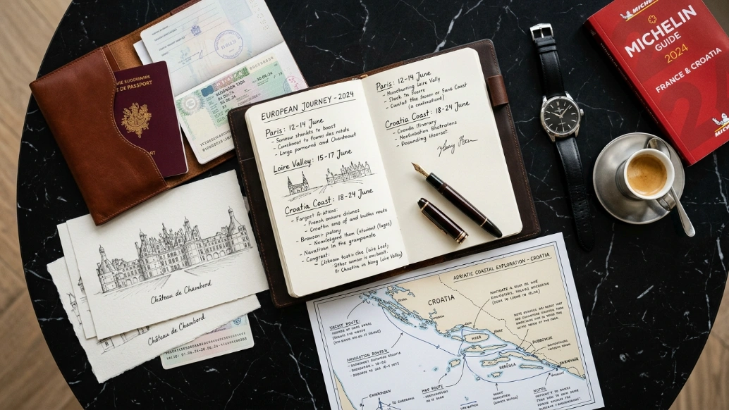 Luxury European travel planning documents including Schengen visa paperwork