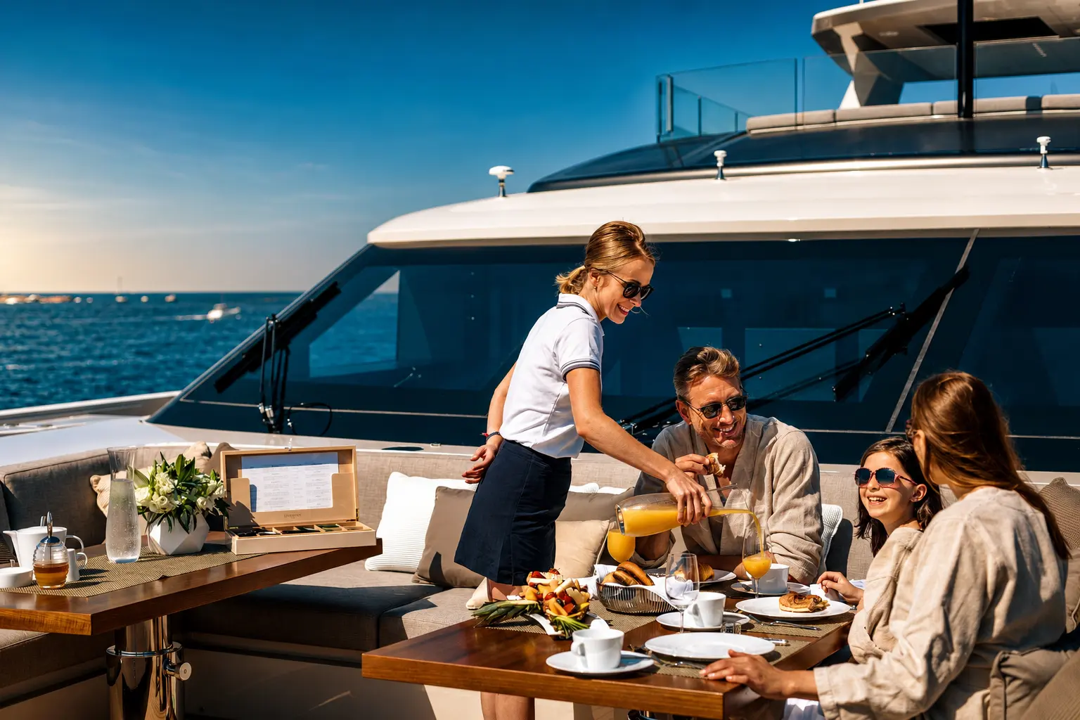 Private luxury motor yacht cruising in tropical blue ocean waters