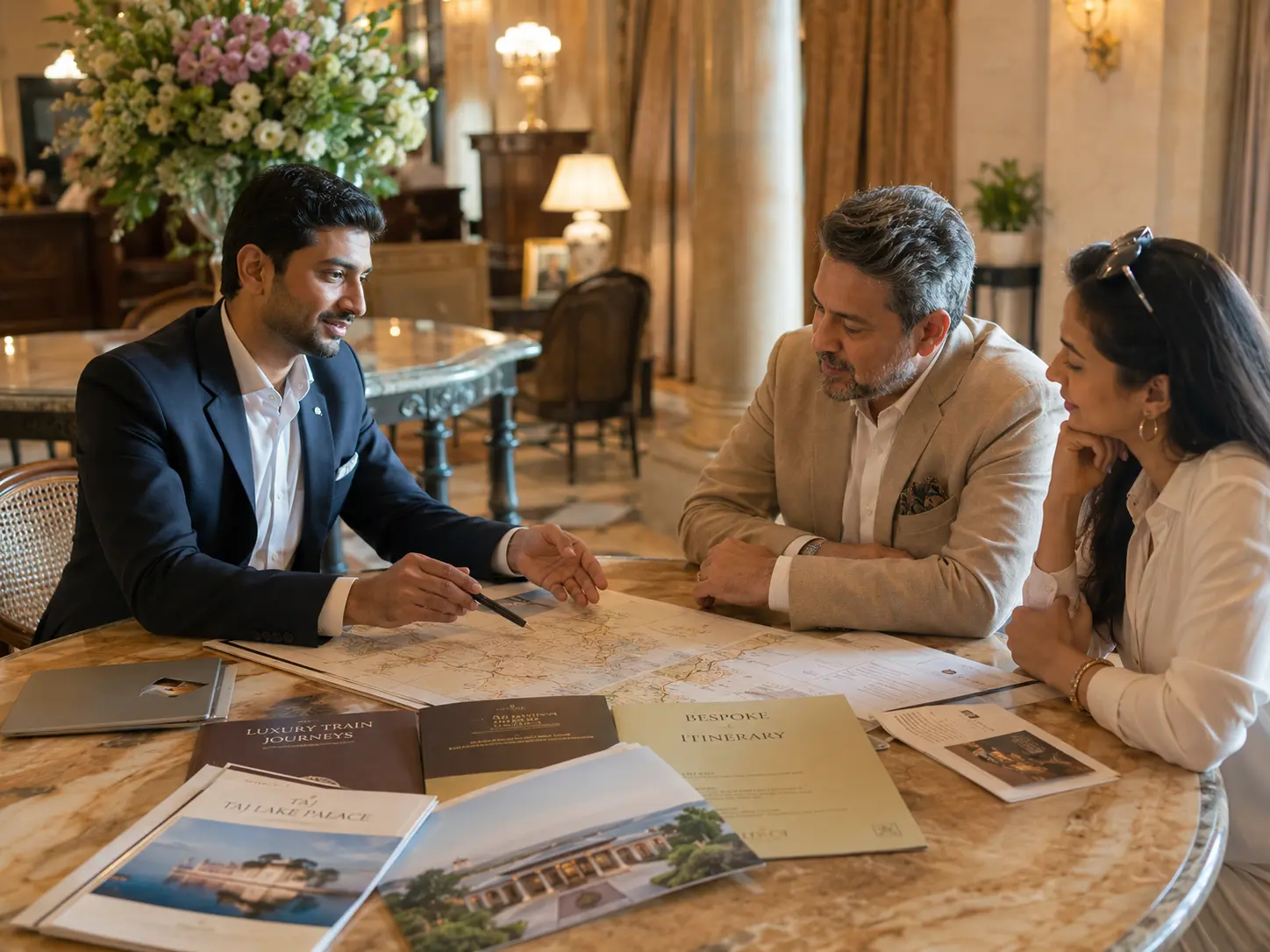 Luxury travel concierge coordinating private transfers, five-star hotels, and a bespoke luxury train itinerary.