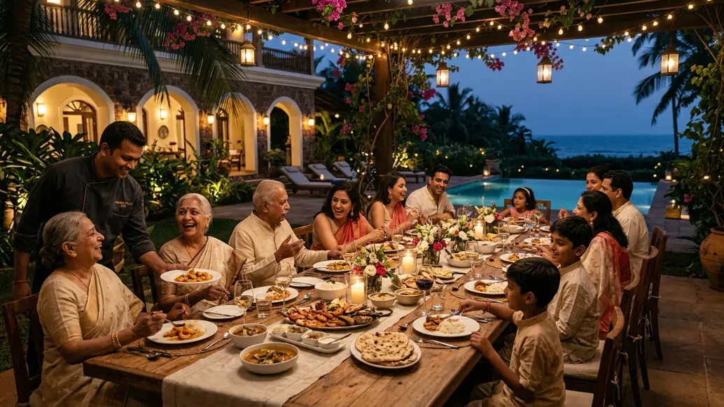 Three generations of an Indian family dining together at a luxury private villa, highlighting why villas are popular for multigenerational travel.