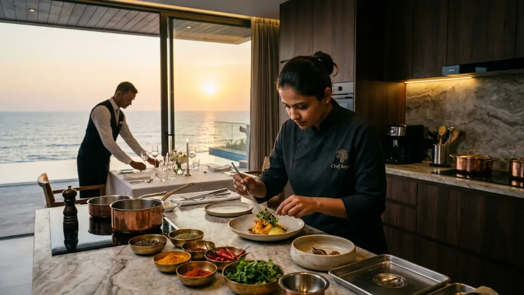 Private chef and villa butler preparing a customized dining experience, demonstrating the personalized service available in luxury villas.