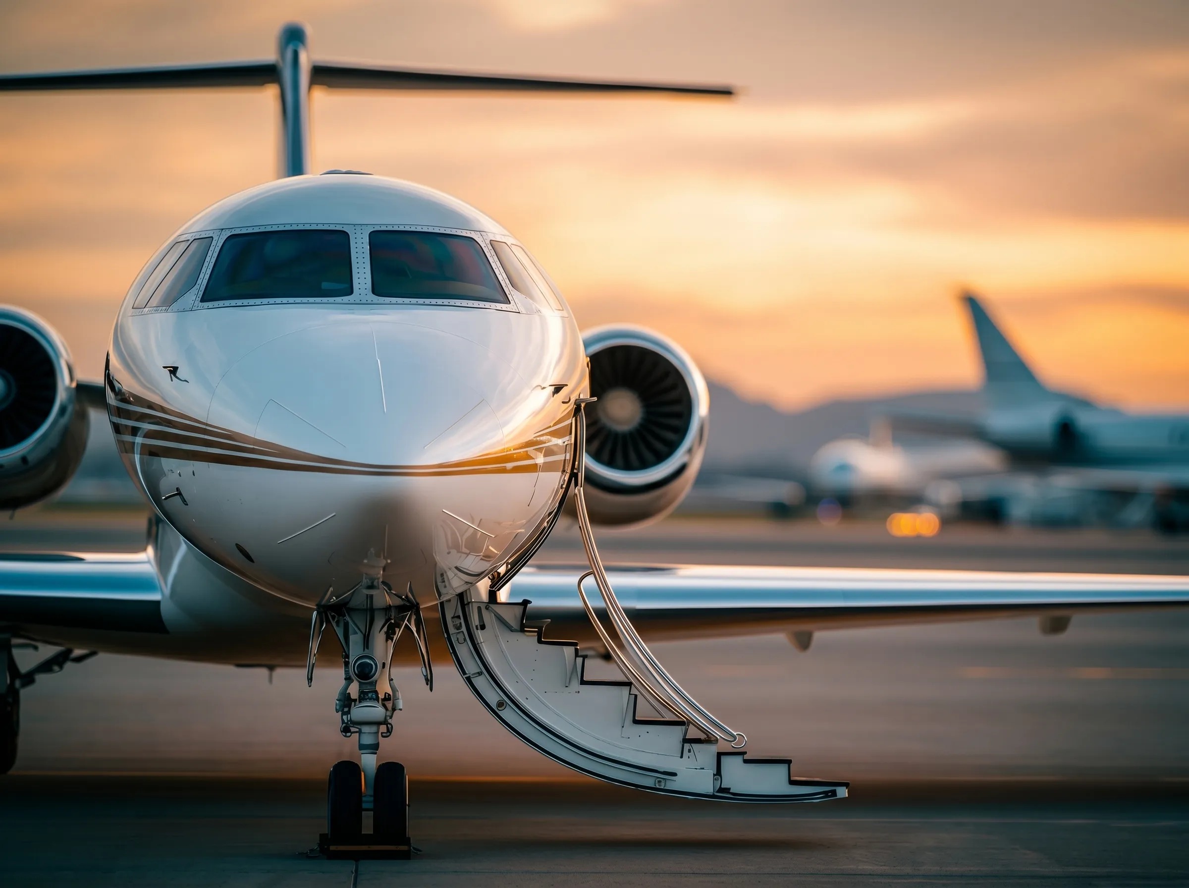 Luxury private jet cabin interior showing premium leather seating and high-end finishings