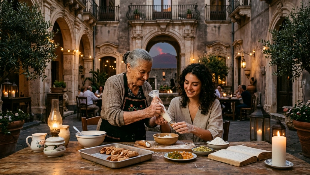 Traditional Sicilian cooking experience inside a historic Baroque courtyard