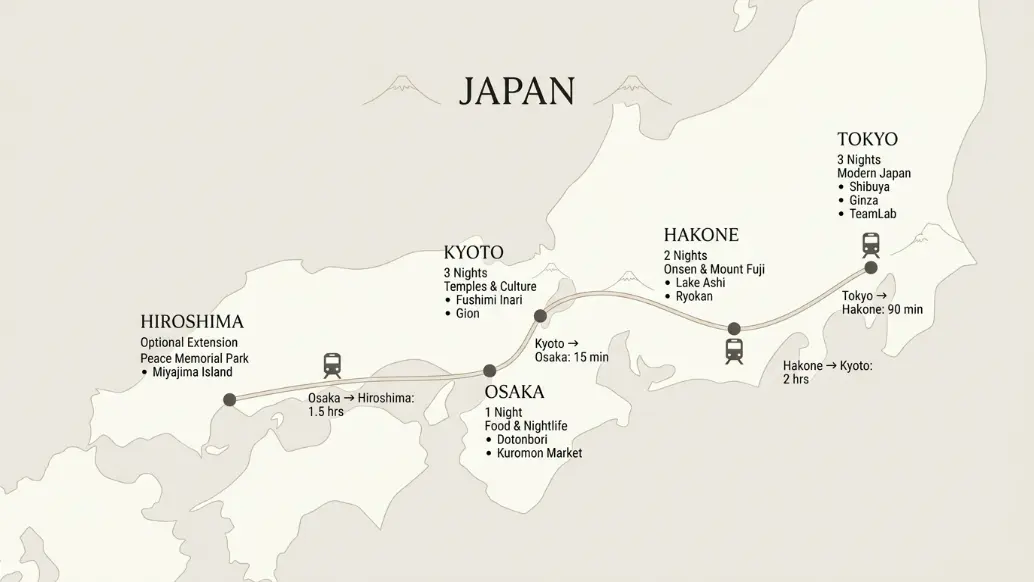 Diagram showing a recommended first-time Japan itinerary route from Tokyo to Hakone, Kyoto, Osaka, and Hiroshima, including suggested nights, key attractions, and train travel times between destinations.